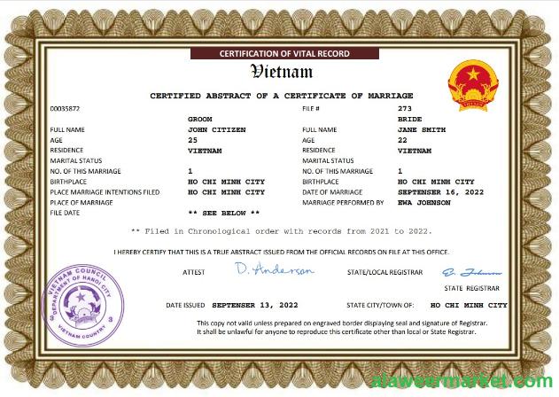 Vietnam marriage certificate Word and PDF template